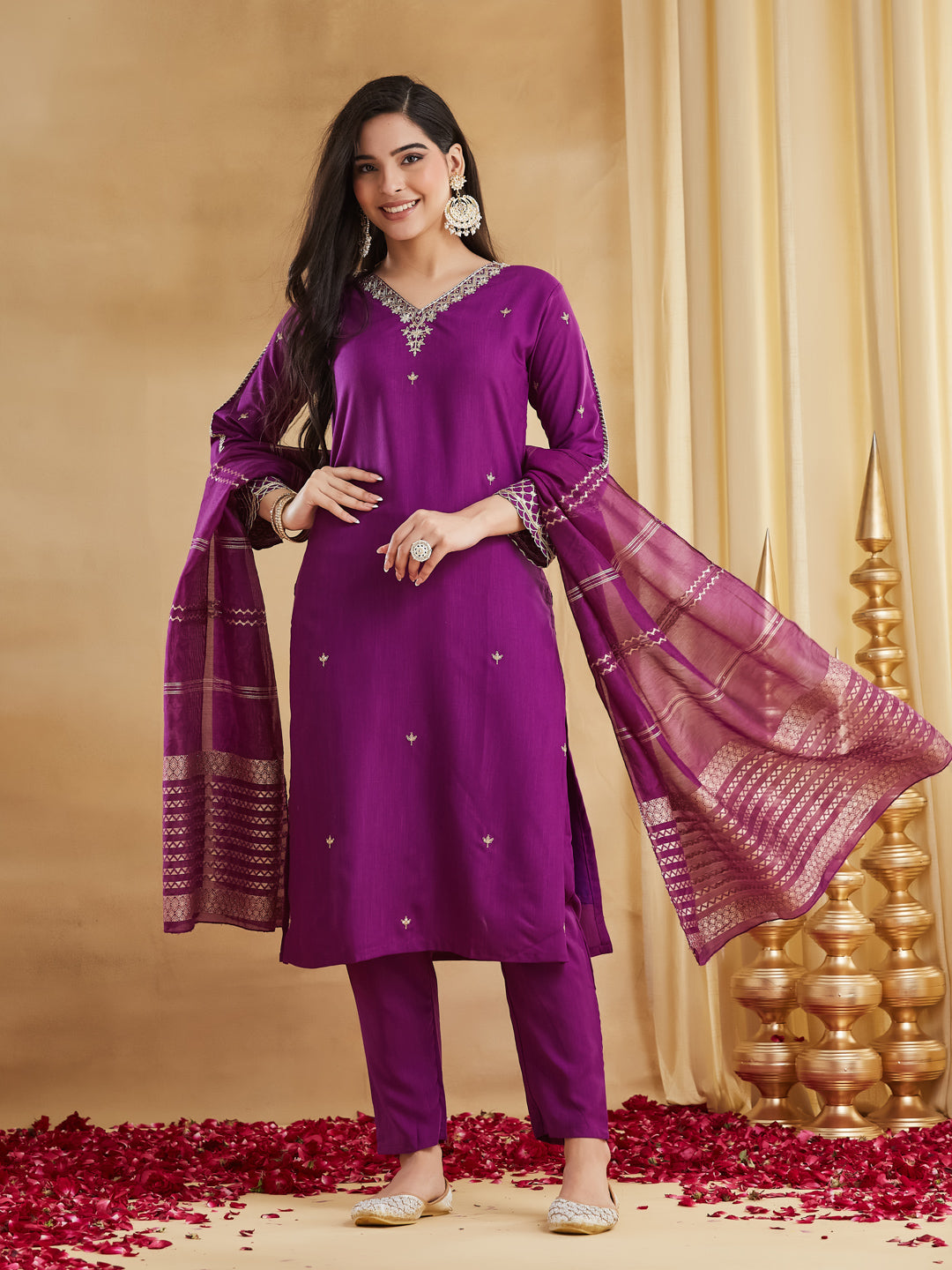 Purple Viscose Rayon Straight Kurta Pant Suit Set with Dupatta