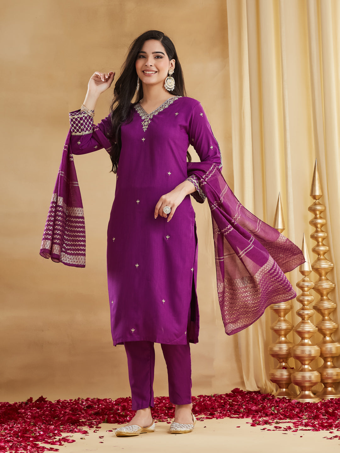 Purple Viscose Rayon Straight Kurta Pant Suit Set with Dupatta
