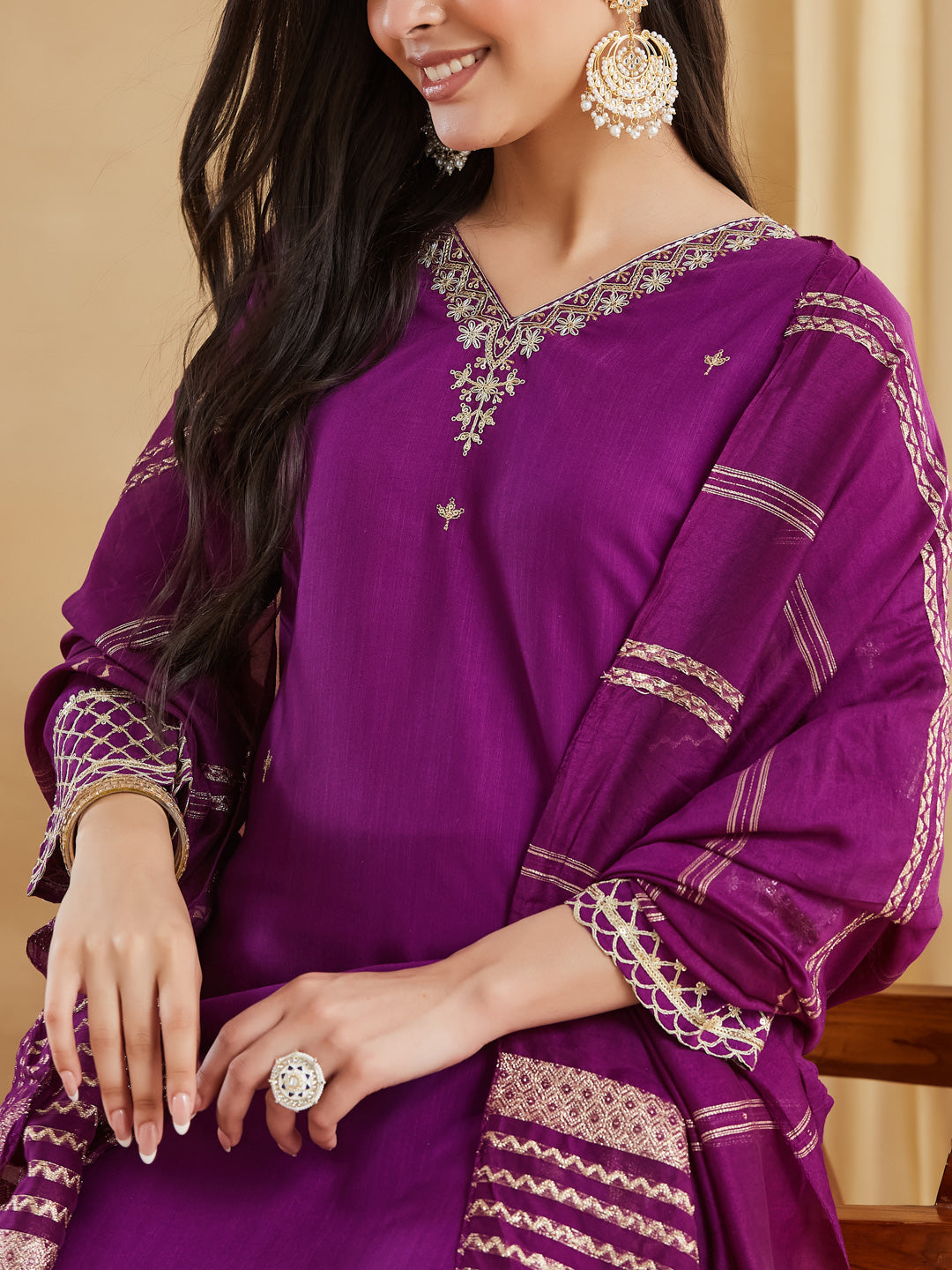 Purple Viscose Rayon Straight Kurta Pant Suit Set with Dupatta