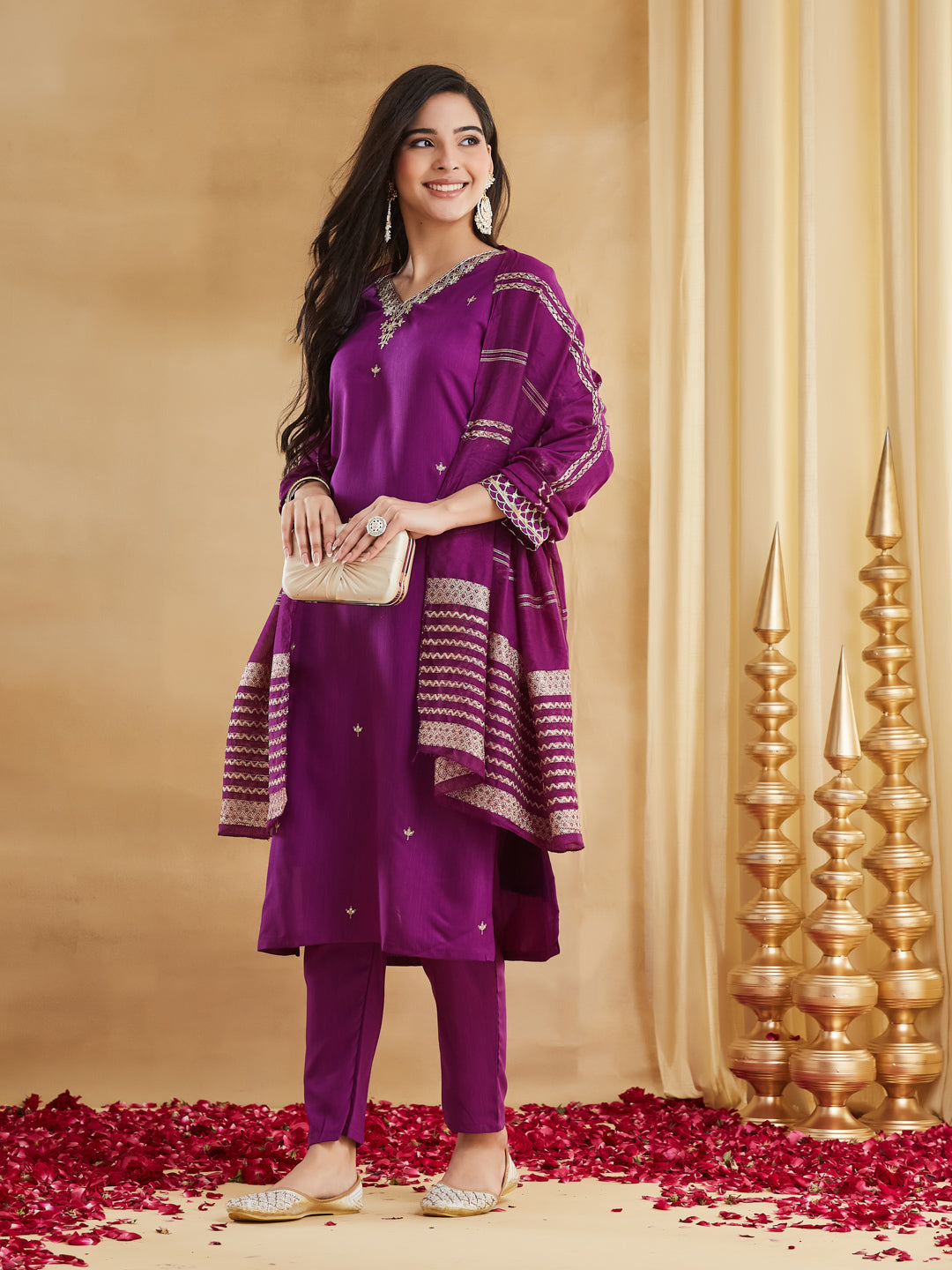 Purple Viscose Rayon Straight Kurta Pant Suit Set with Dupatta