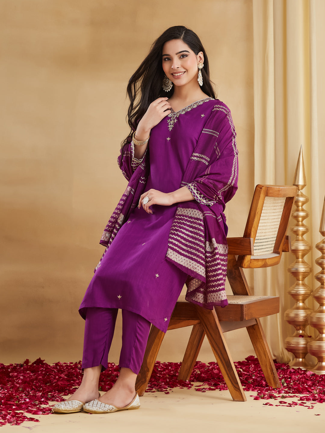 Purple Viscose Rayon Straight Kurta Pant Suit Set with Dupatta