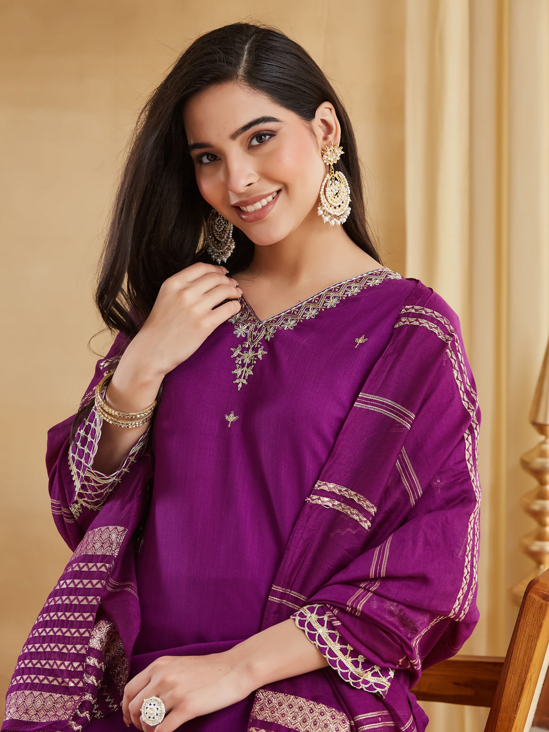 Purple Viscose Rayon Straight Kurta Pant Suit Set with Dupatta