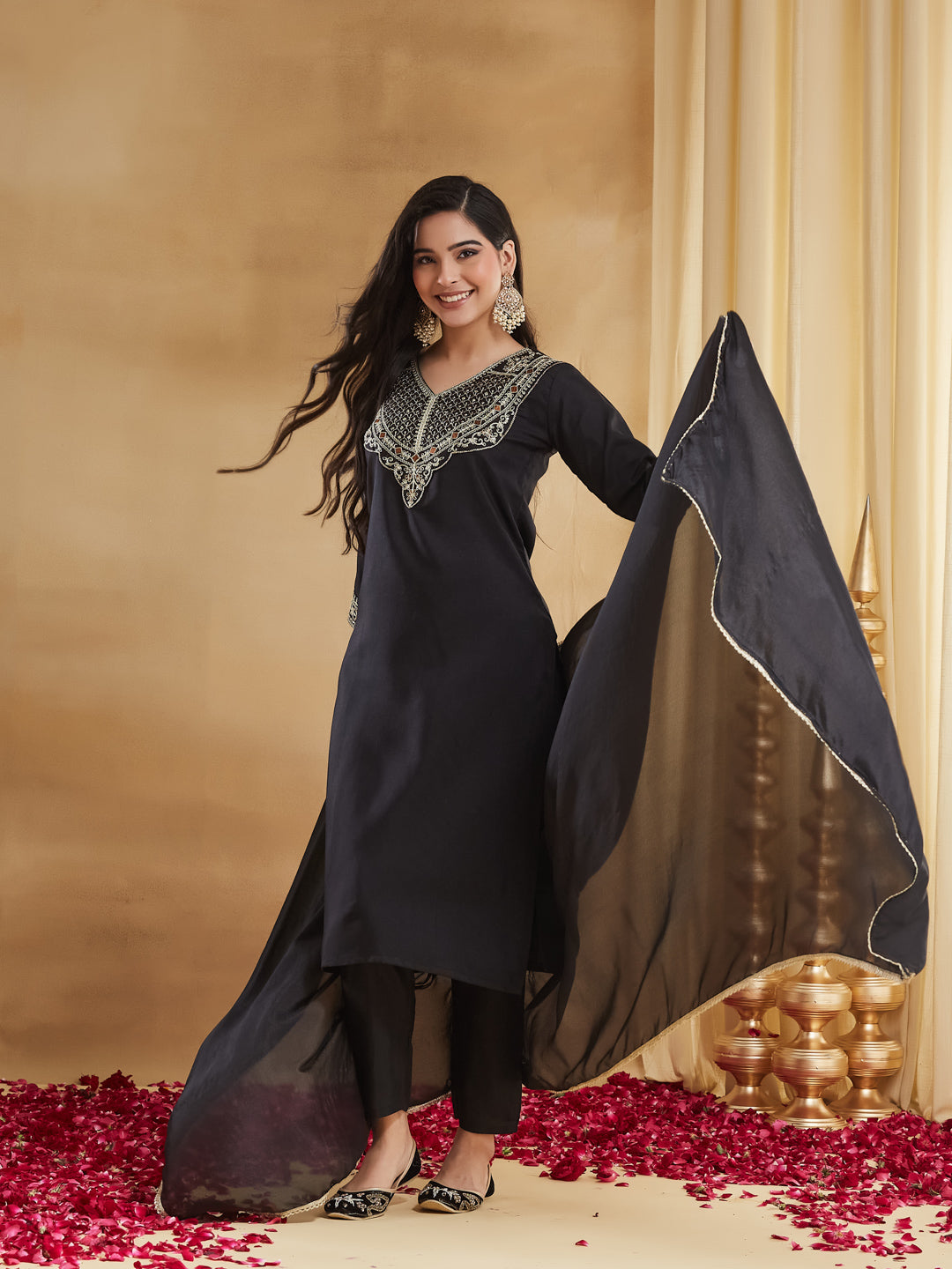 Jet Black Silk Embroidered Straight Kurta Pant Suit Set with Dupatta