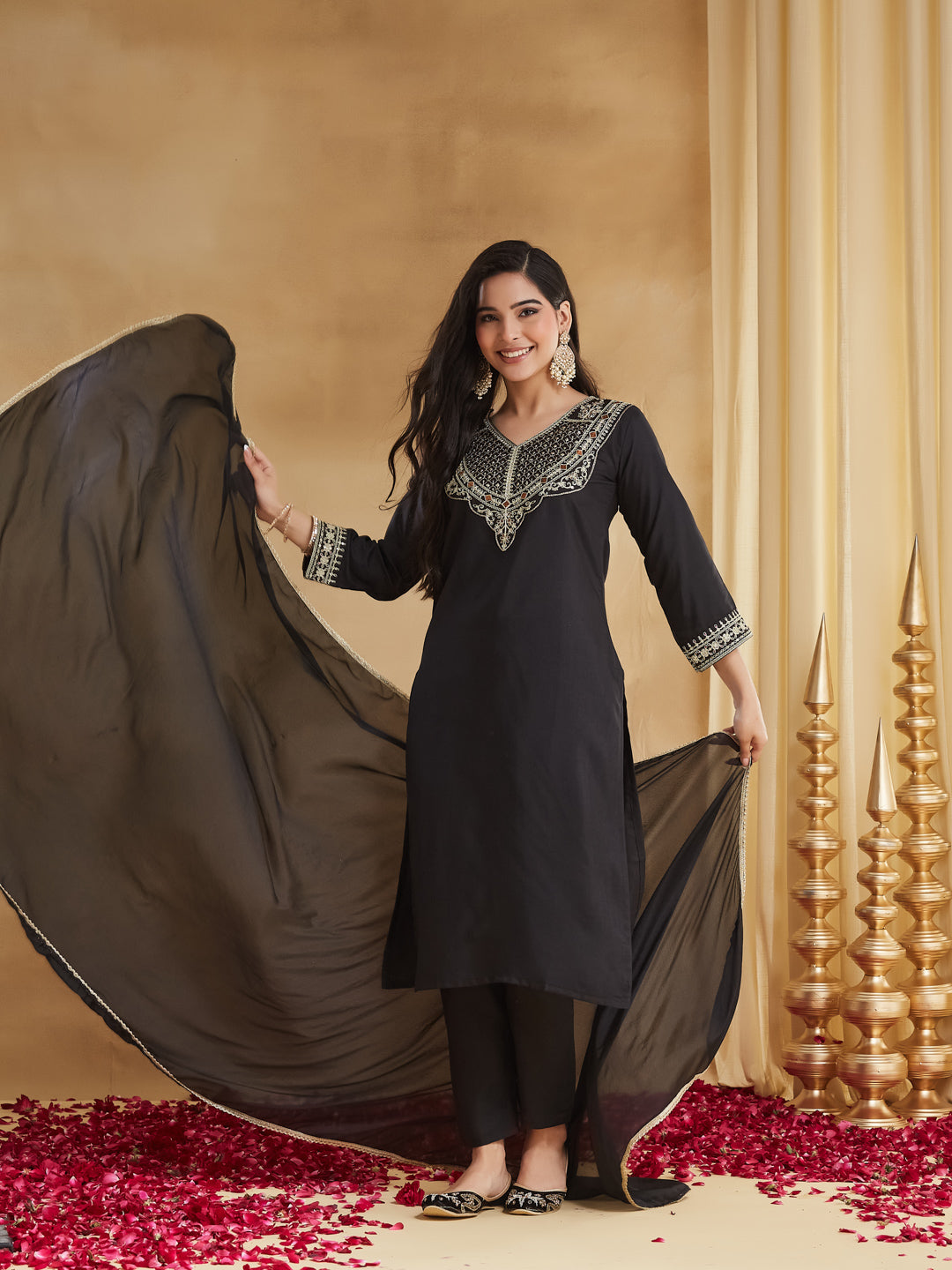 Jet Black Silk Embroidered Straight Kurta Pant Suit Set with Dupatta