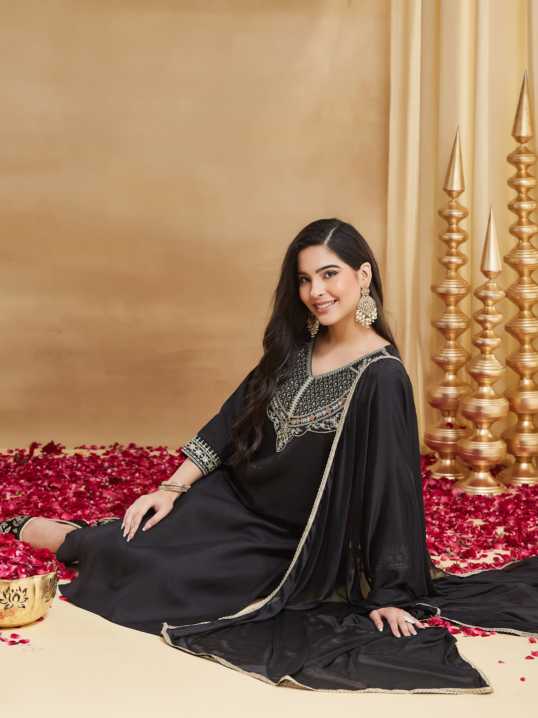 Jet Black Silk Embroidered Straight Kurta Pant Suit Set with Dupatta