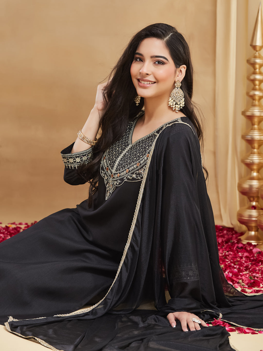 Jet Black Silk Embroidered Straight Kurta Pant Suit Set with Dupatta