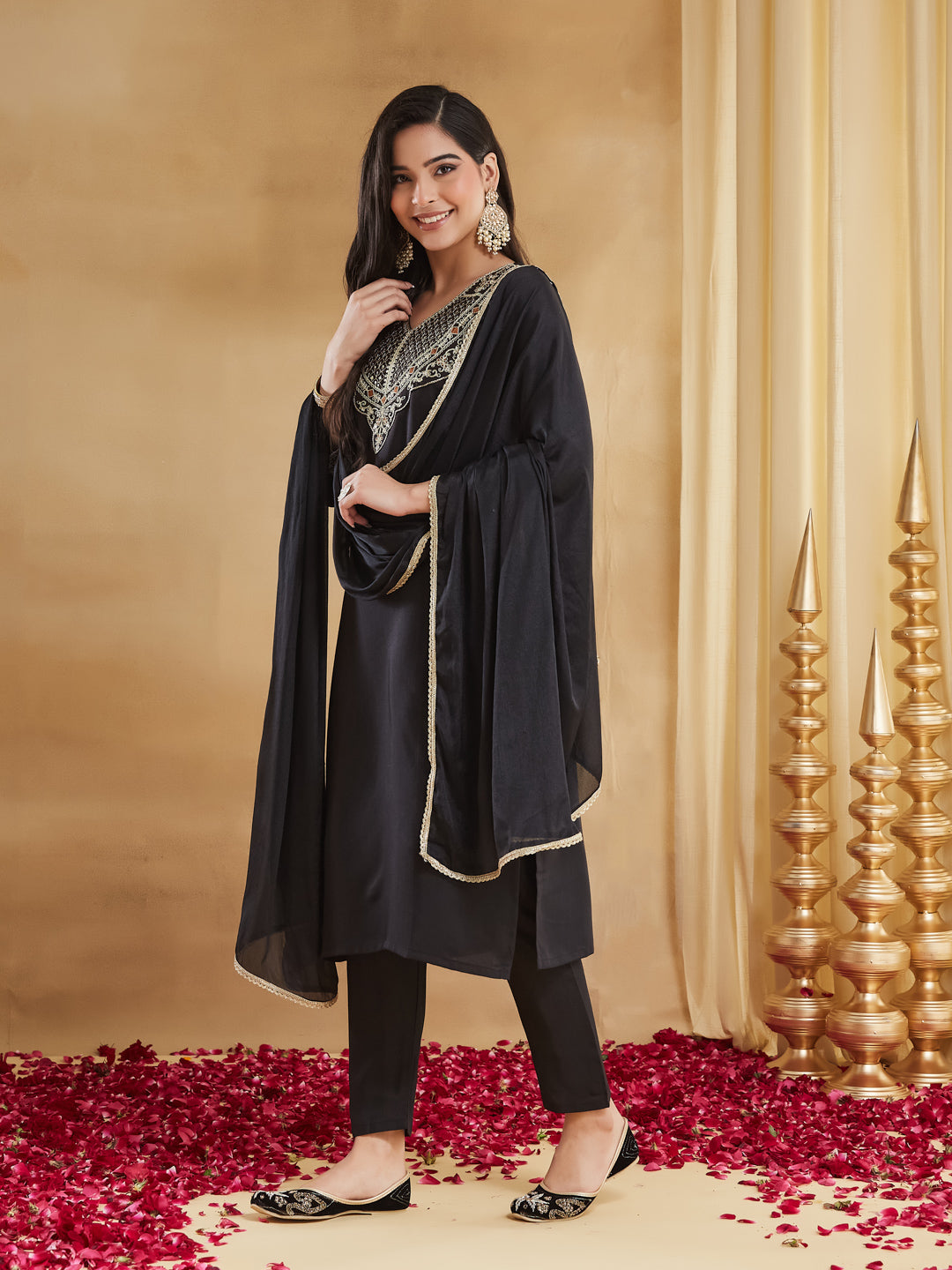 Jet Black Silk Embroidered Straight Kurta Pant Suit Set with Dupatta