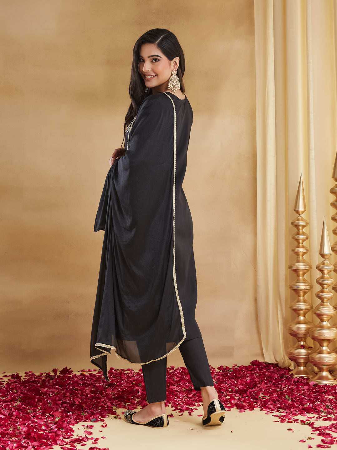 Jet Black Silk Embroidered Straight Kurta Pant Suit Set with Dupatta
