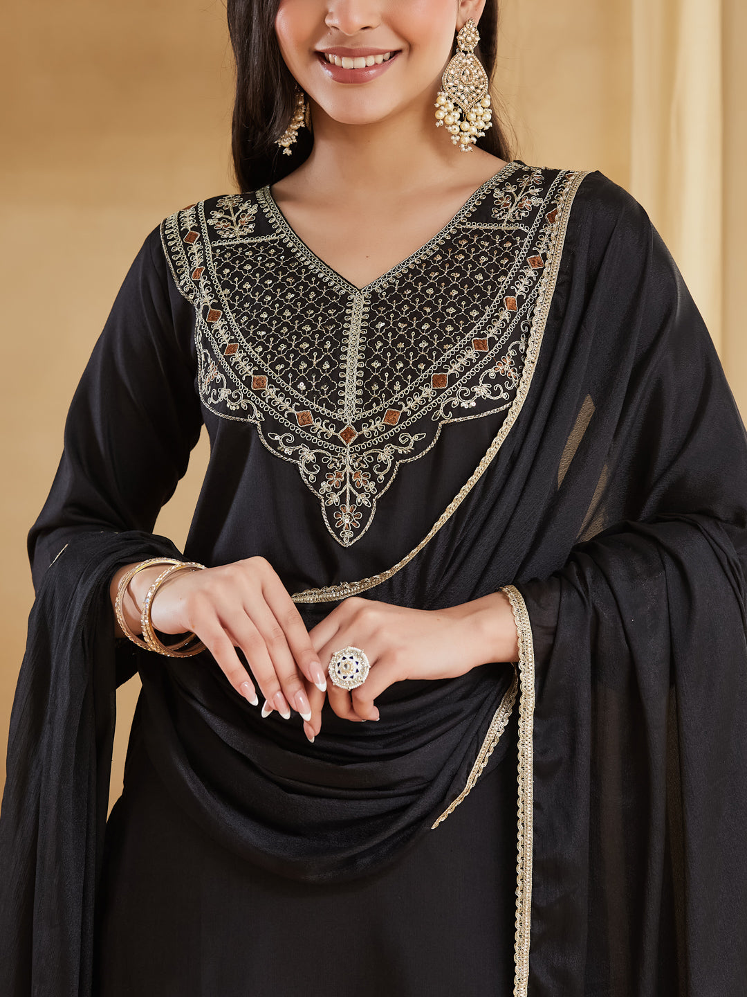Jet Black Silk Embroidered Straight Kurta Pant Suit Set with Dupatta