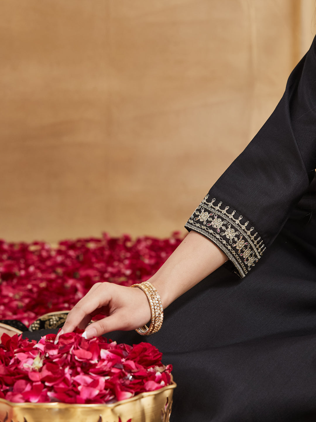 Jet Black Silk Embroidered Straight Kurta Pant Suit Set with Dupatta