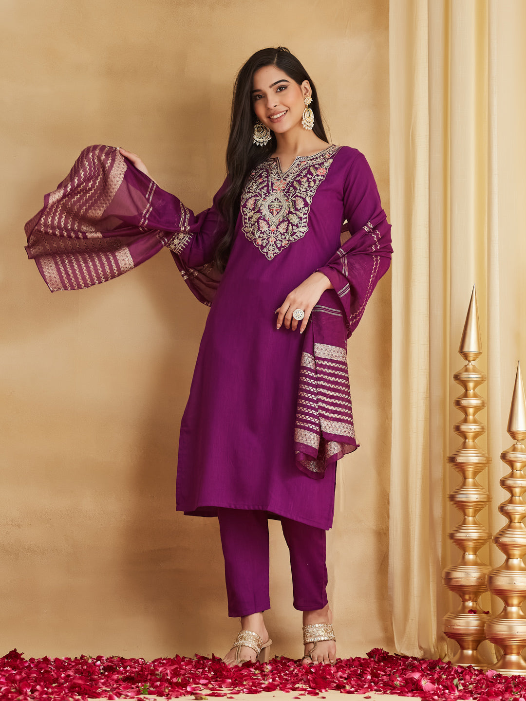 Purple Viscose Rayon Embroidered Straight Kurta Pant Suit Set with Dupatta
