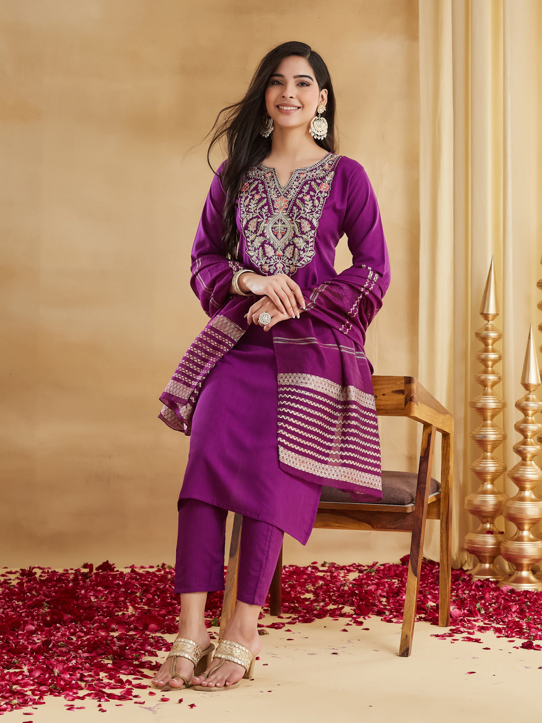 Purple Viscose Rayon Embroidered Straight Kurta Pant Suit Set with Dupatta