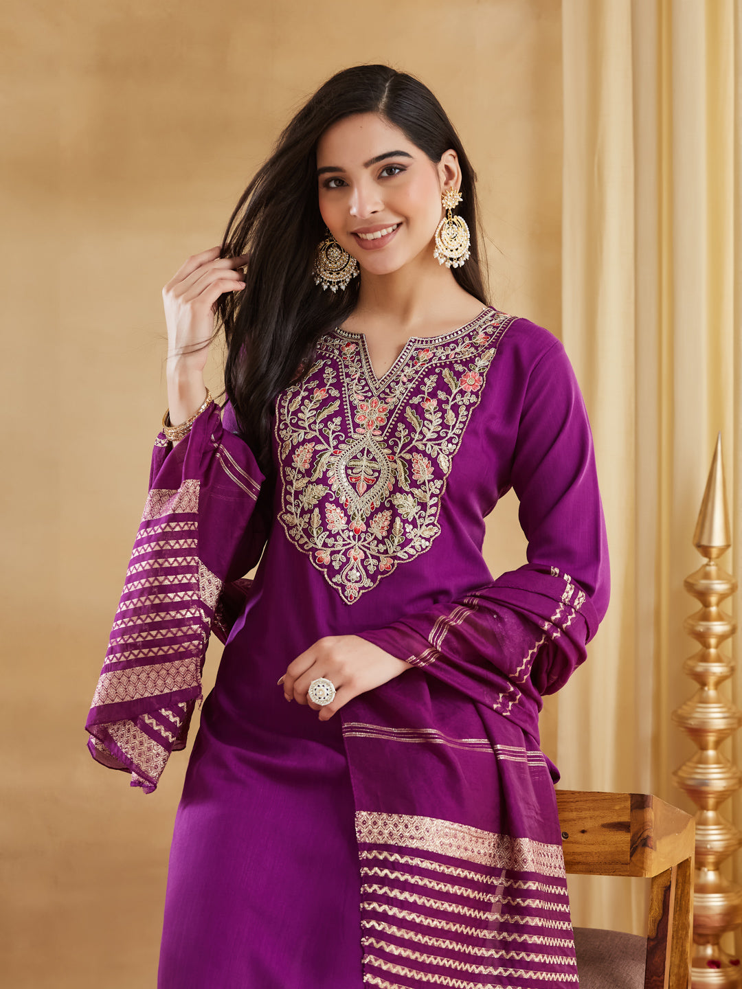 Purple Viscose Rayon Embroidered Straight Kurta Pant Suit Set with Dupatta
