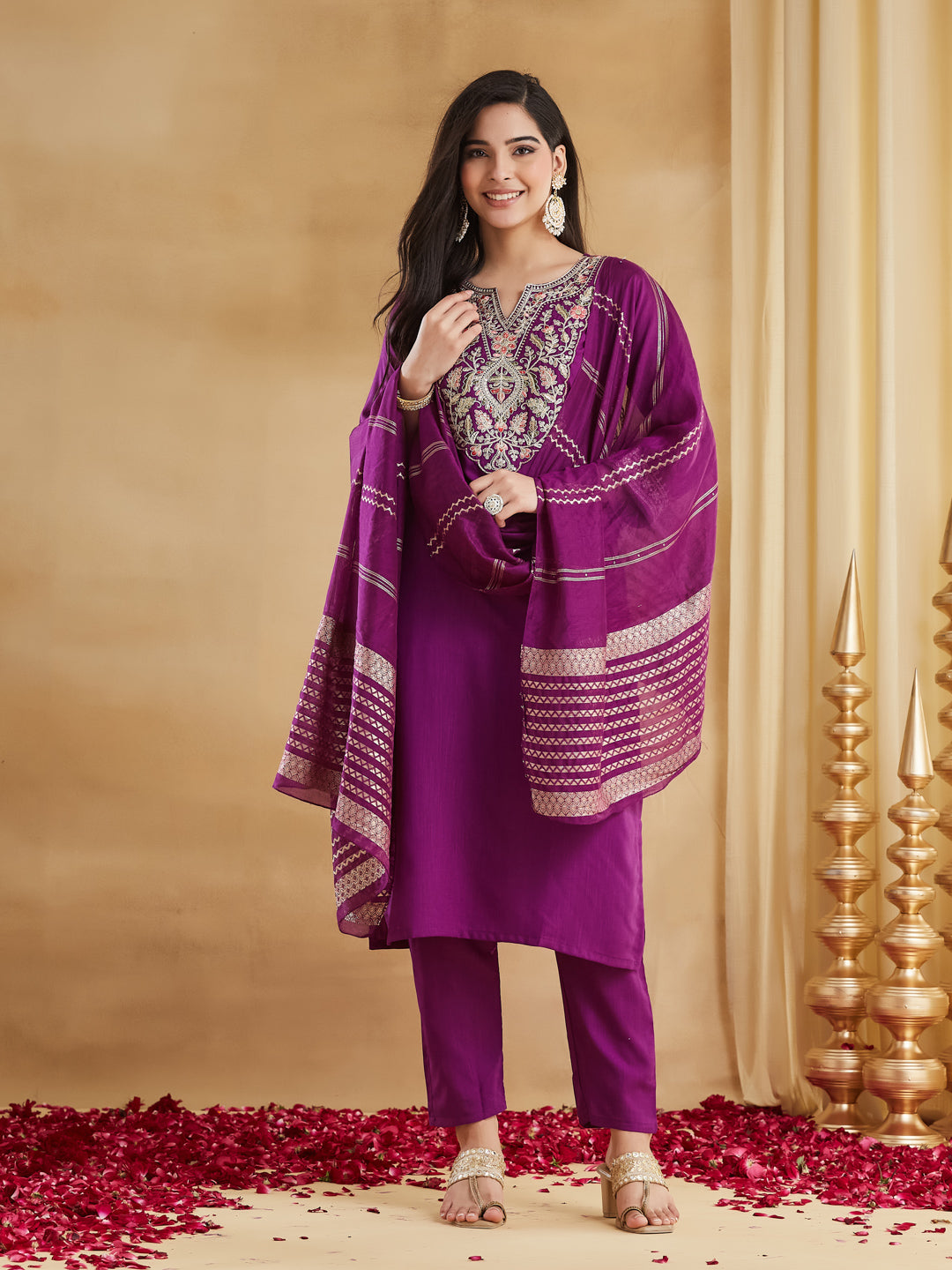 Purple Viscose Rayon Embroidered Straight Kurta Pant Suit Set with Dupatta