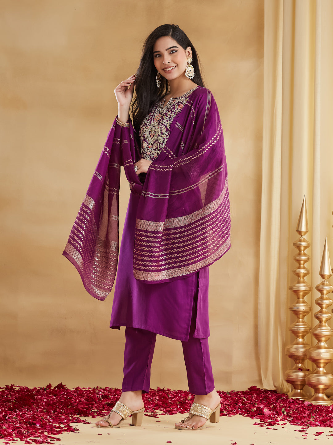 Purple Viscose Rayon Embroidered Straight Kurta Pant Suit Set with Dupatta