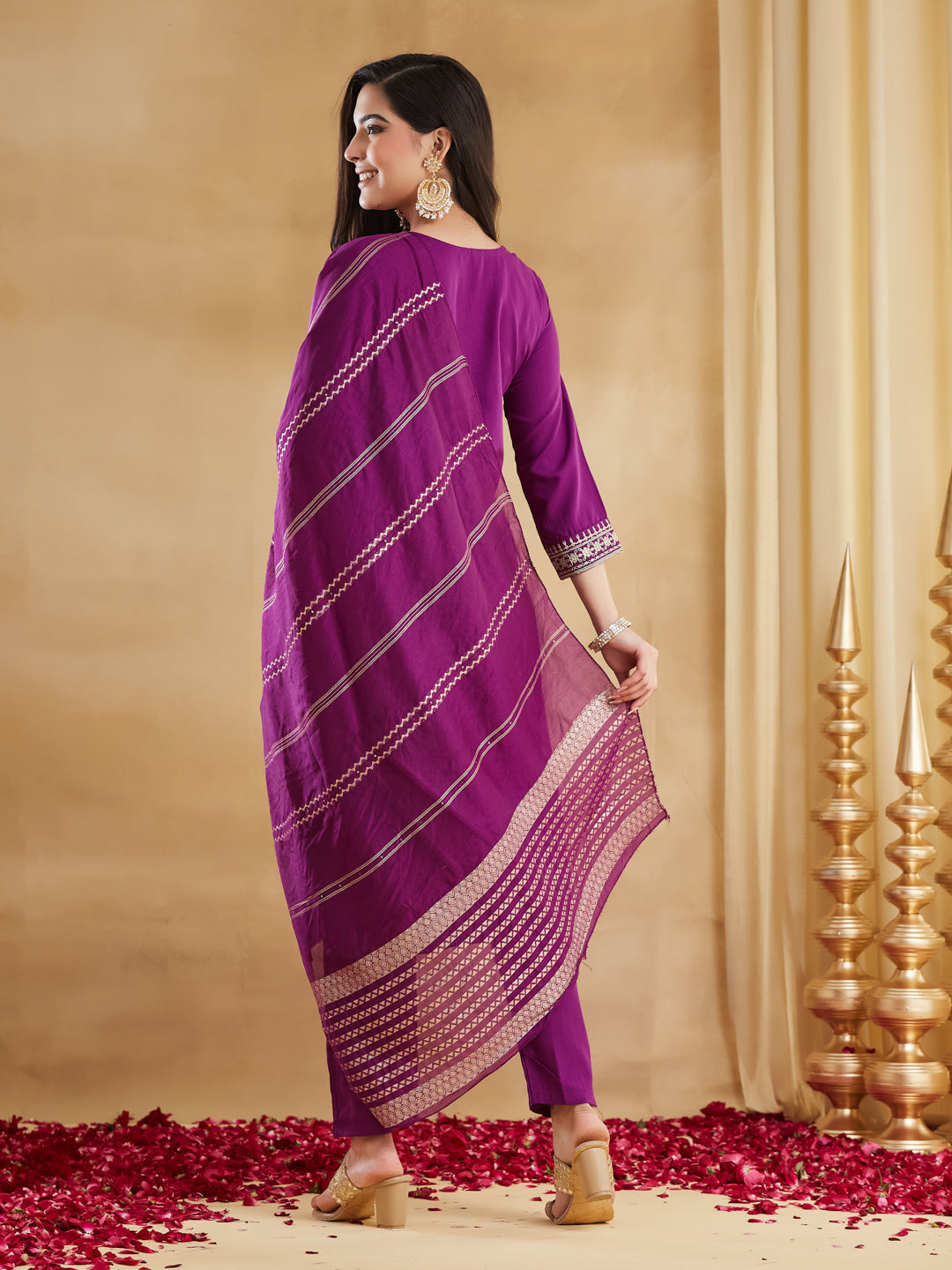 Purple Viscose Rayon Embroidered Straight Kurta Pant Suit Set with Dupatta