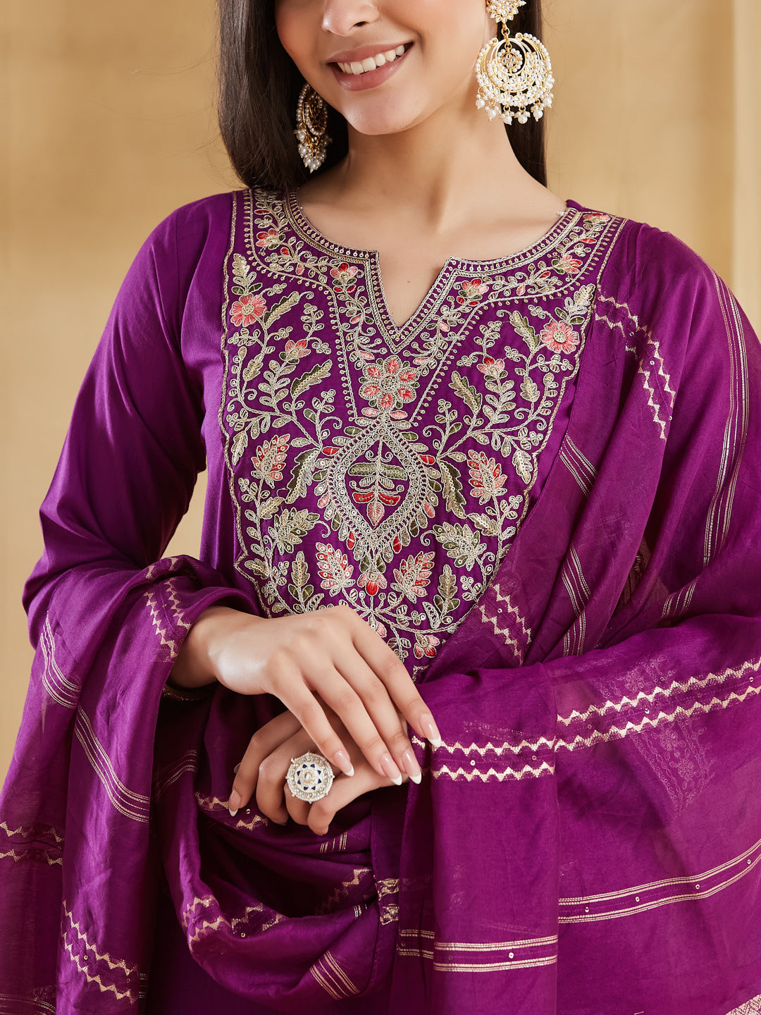 Purple Viscose Rayon Embroidered Straight Kurta Pant Suit Set with Dupatta