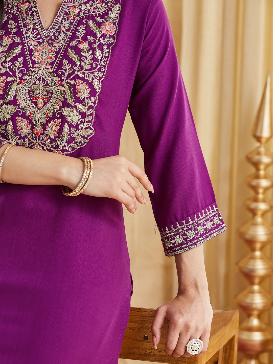 Purple Viscose Rayon Embroidered Straight Kurta Pant Suit Set with Dupatta