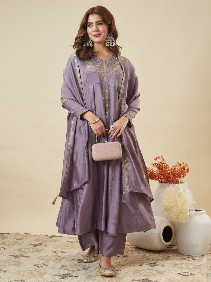Dusty Vichitra Silk Embroidered Empire-Line Anarkali Kurta Palazzo Suit Set