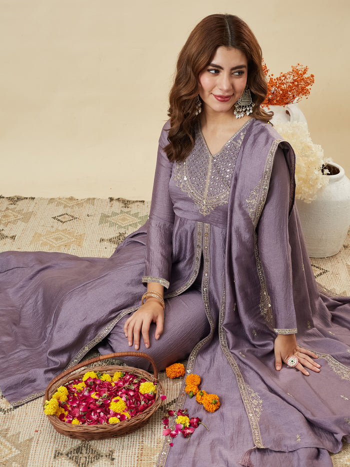 Dusty Vichitra Silk Embroidered Empire-Line Anarkali Kurta Palazzo Suit Set