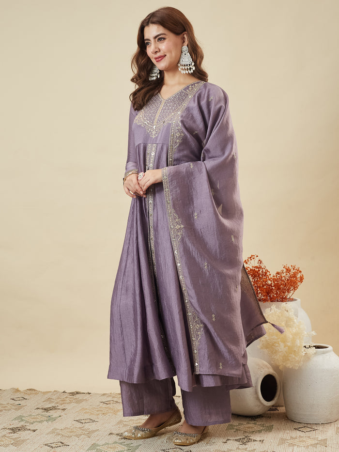 Dusty Vichitra Silk Embroidered Empire-Line Anarkali Kurta Palazzo Suit Set