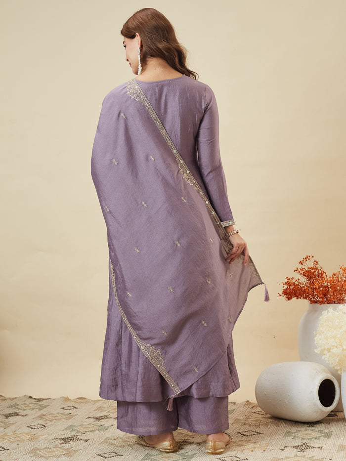 Dusty Vichitra Silk Embroidered Empire-Line Anarkali Kurta Palazzo Suit Set