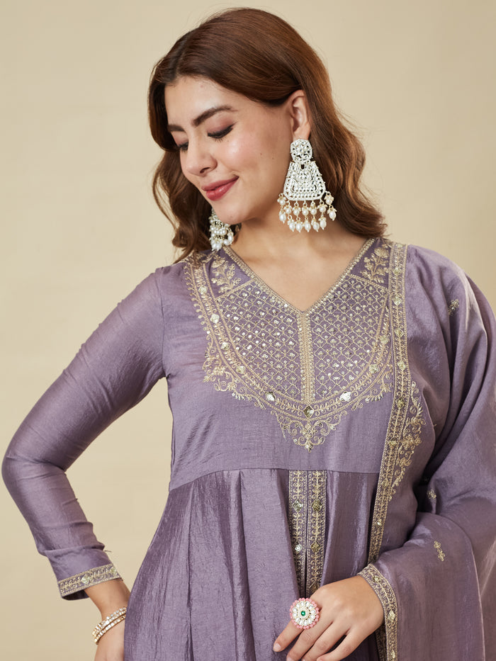 Dusty Vichitra Silk Embroidered Empire-Line Anarkali Kurta Palazzo Suit Set