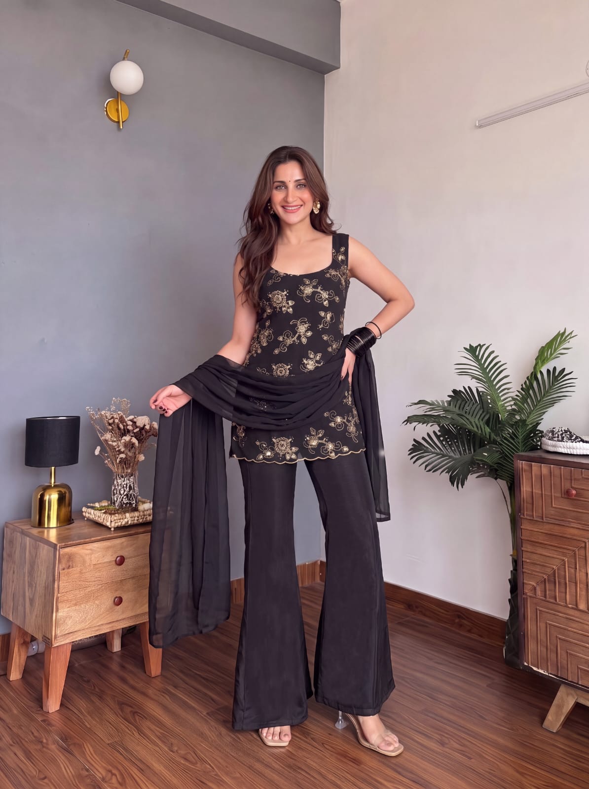 Jet Black Floral Zari Embroidered Sleeveless Short Kurta Sharara Suit Set