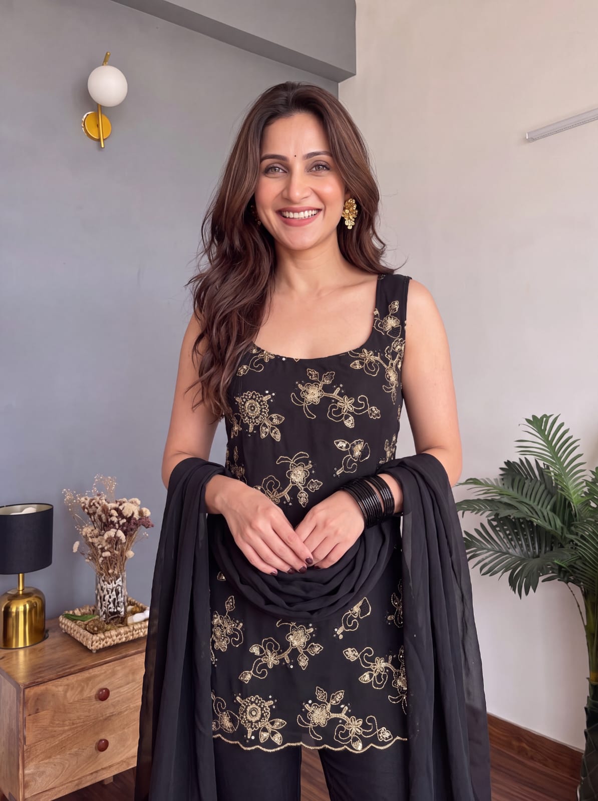 Jet Black Floral Zari Embroidered Sleeveless Short Kurta Sharara Suit Set