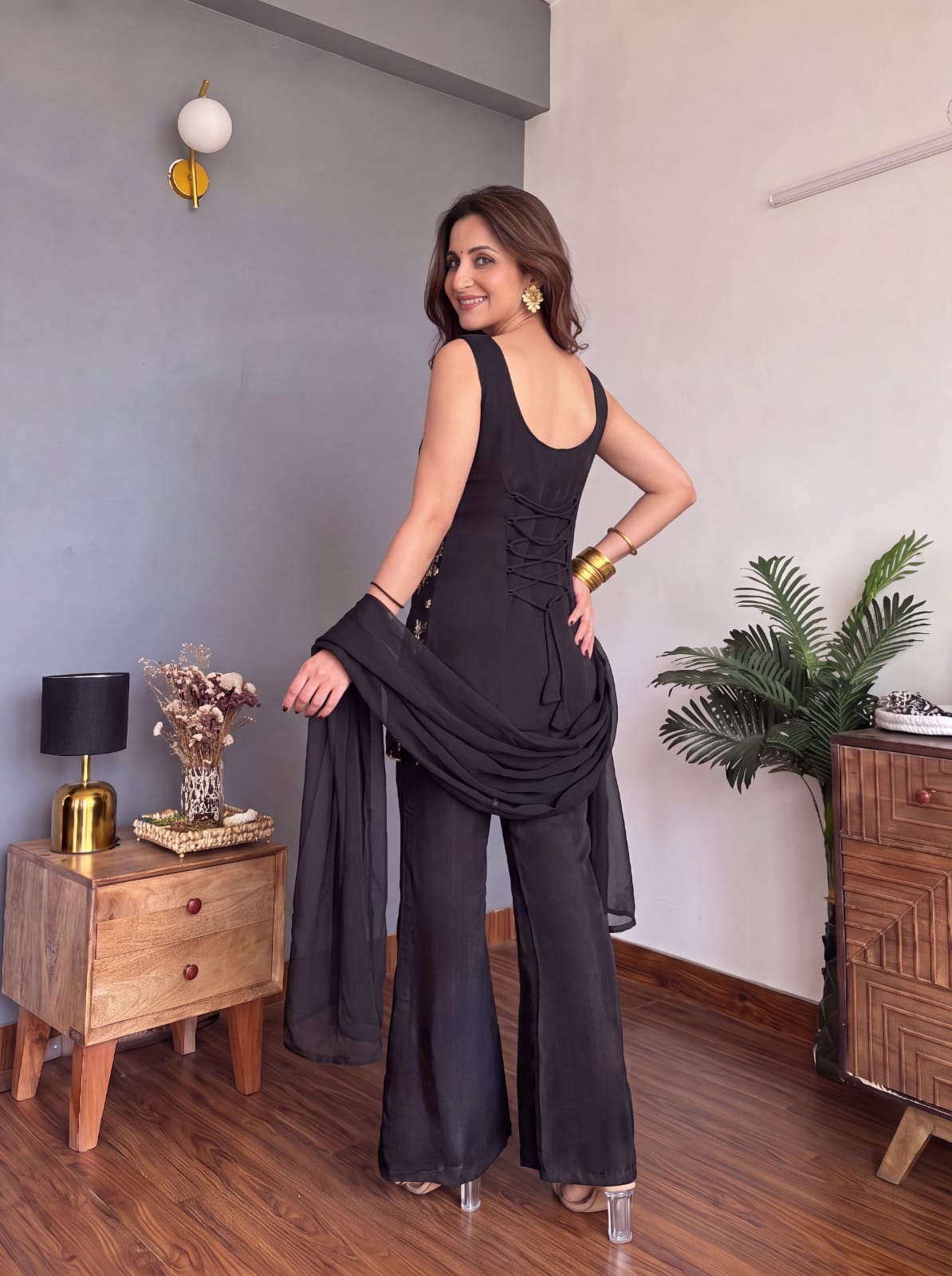 Jet Black Floral Zari Embroidered Sleeveless Short Kurta Sharara Suit Set
