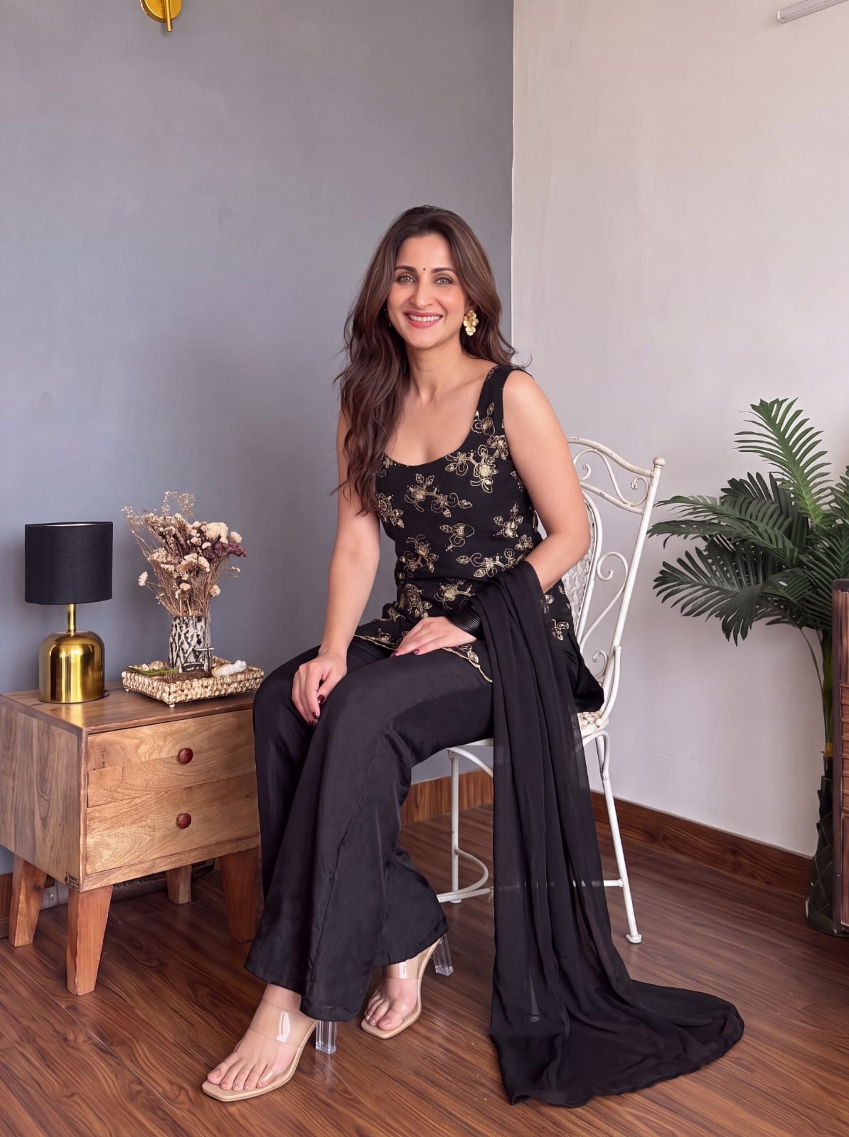 Jet Black Floral Zari Embroidered Sleeveless Short Kurta Sharara Suit Set