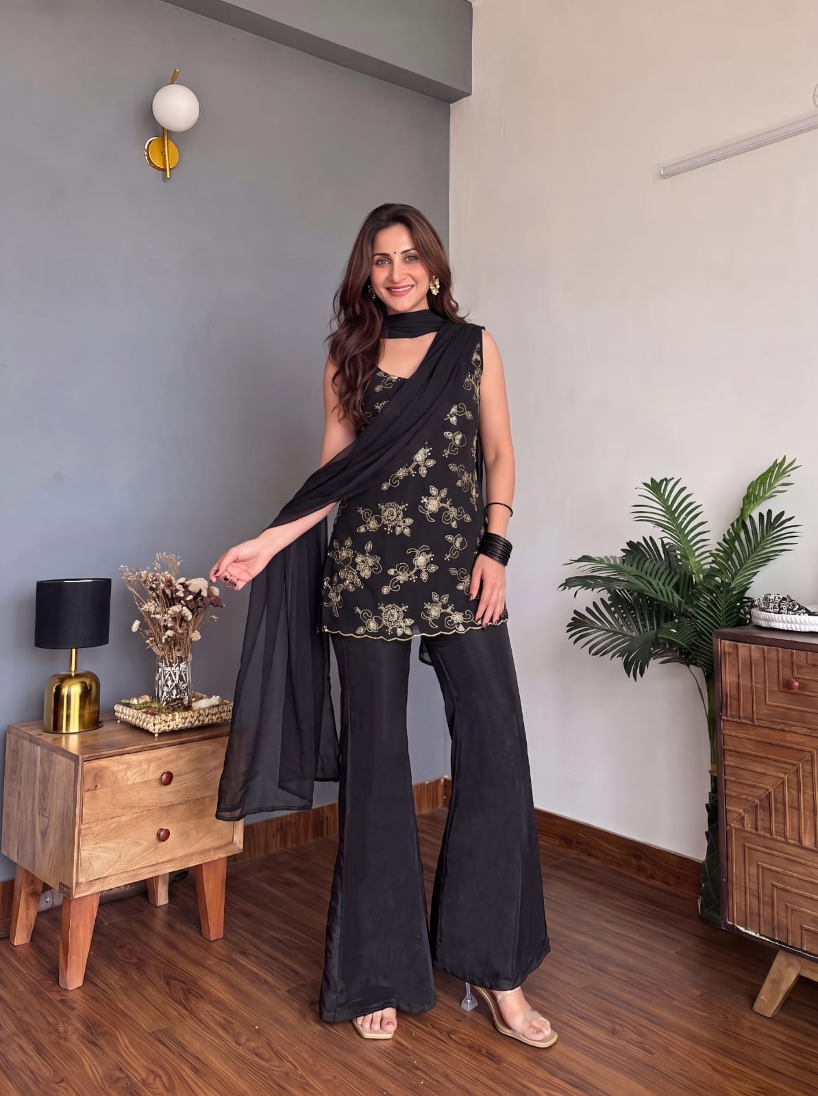 Jet Black Floral Zari Embroidered Sleeveless Short Kurta Sharara Suit Set