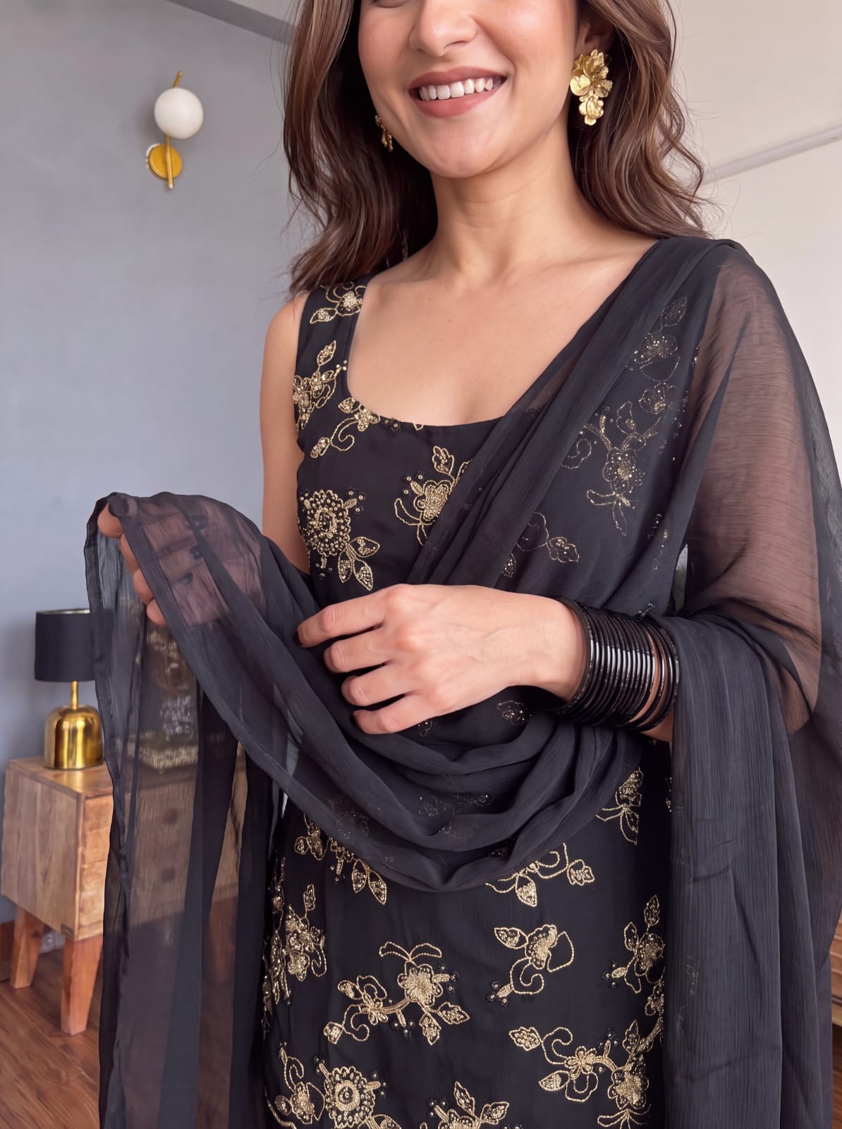 Jet Black Floral Zari Embroidered Sleeveless Short Kurta Sharara Suit Set