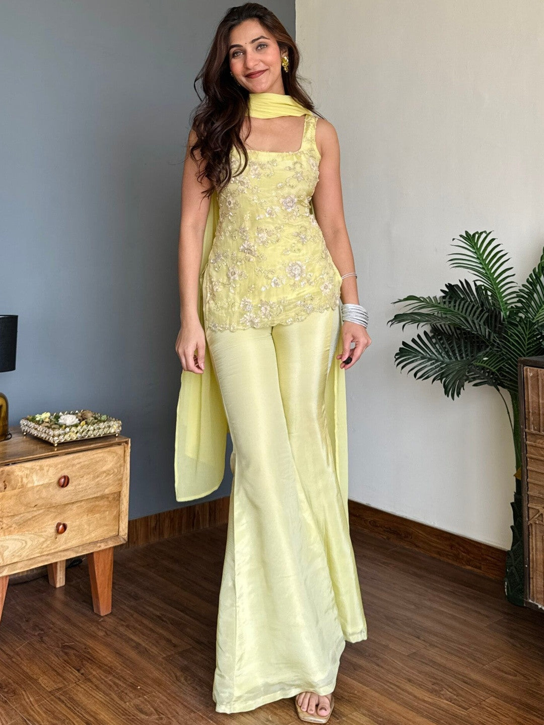 Pastel Lemon Yellow Embroidered Sleeveless Short Kurta Sharara Suit Set