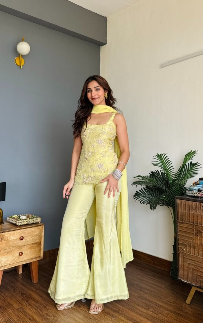 Pastel Lemon Yellow Embroidered Sleeveless Short Kurta Sharara Suit Set