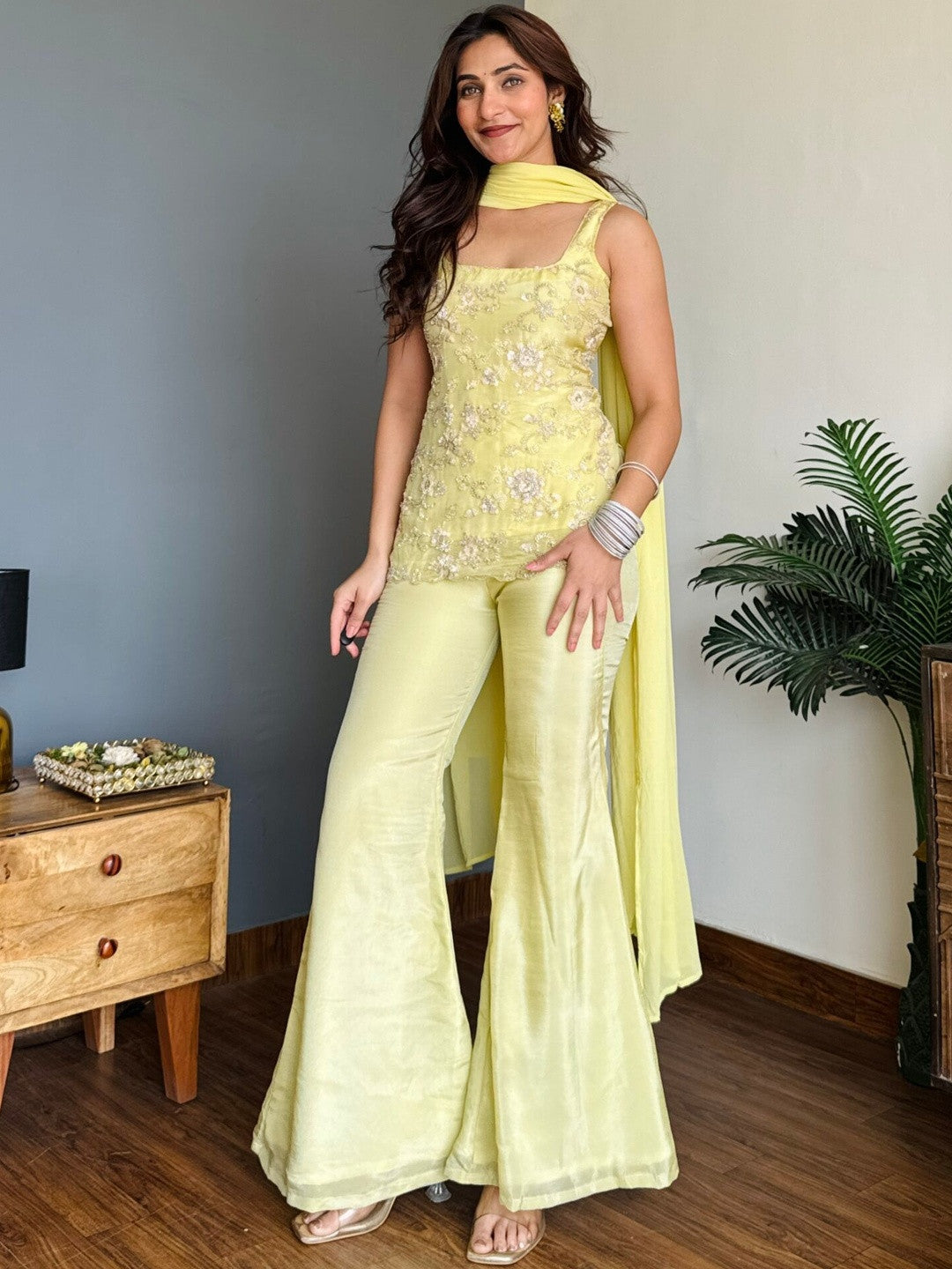 Pastel Lemon Yellow Embroidered Sleeveless Short Kurta Sharara Suit Set