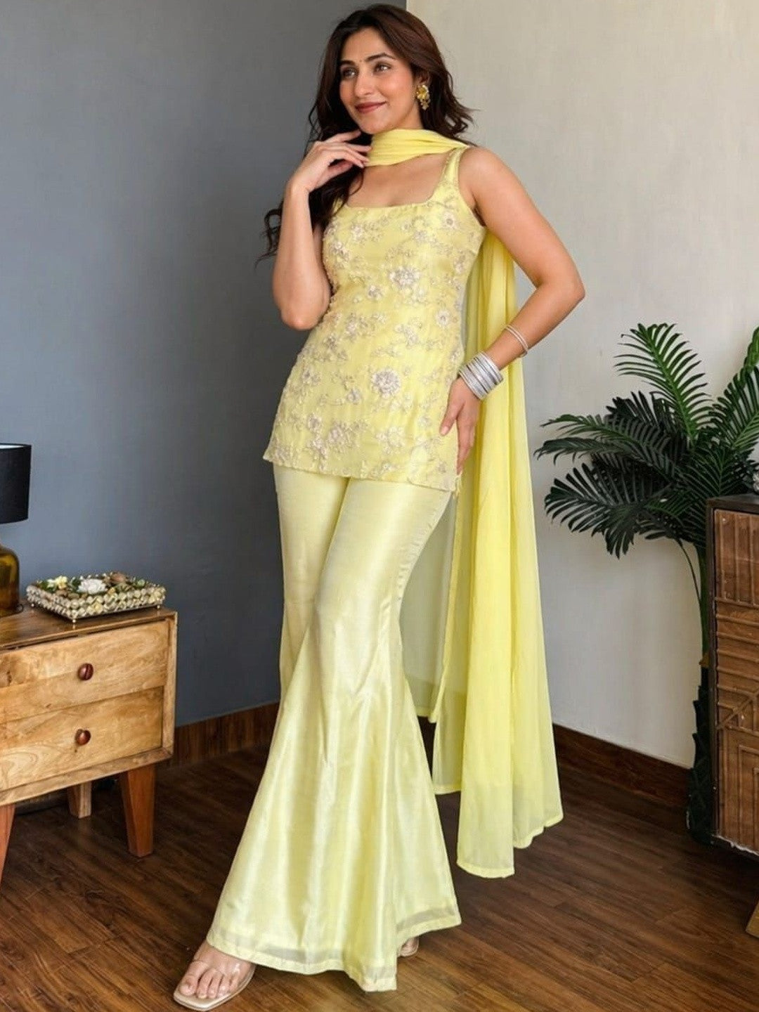 Pastel Lemon Yellow Embroidered Sleeveless Short Kurta Sharara Suit Set