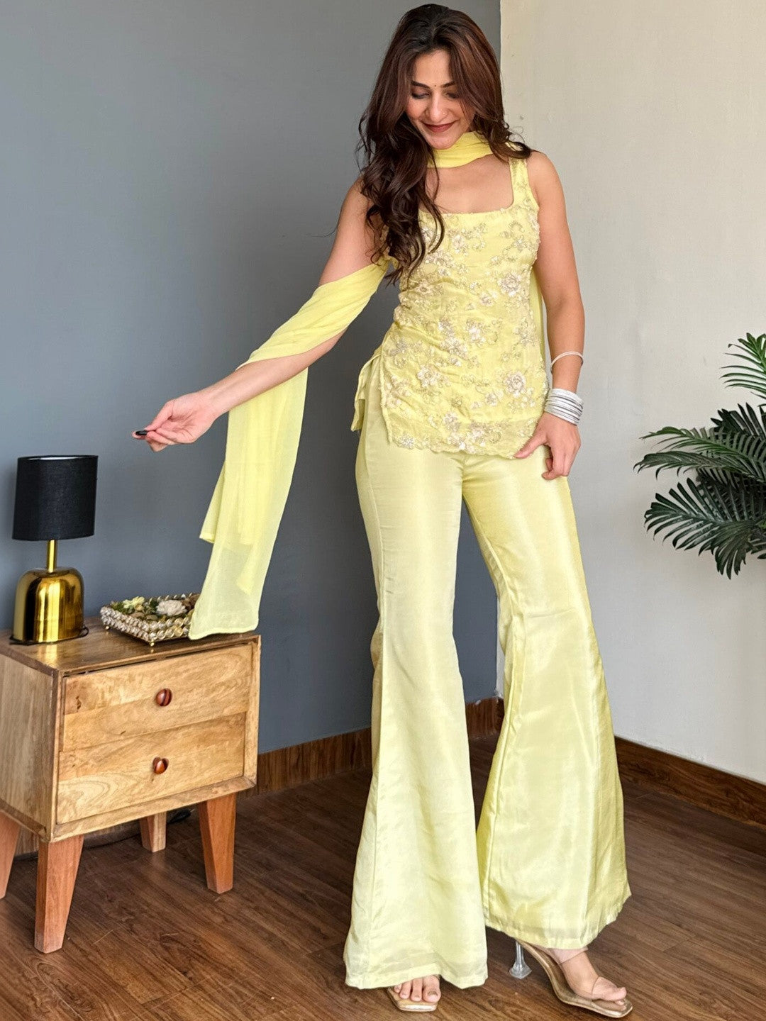 Pastel Lemon Yellow Embroidered Sleeveless Short Kurta Sharara Suit Set