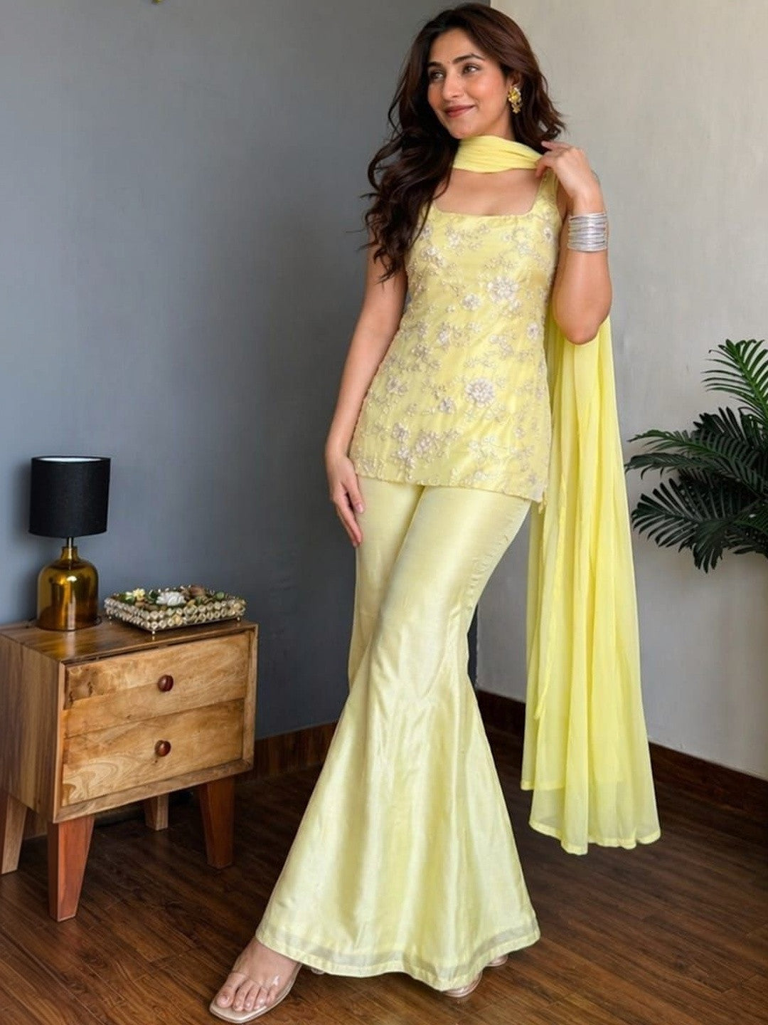 Pastel Lemon Yellow Embroidered Sleeveless Short Kurta Sharara Suit Set