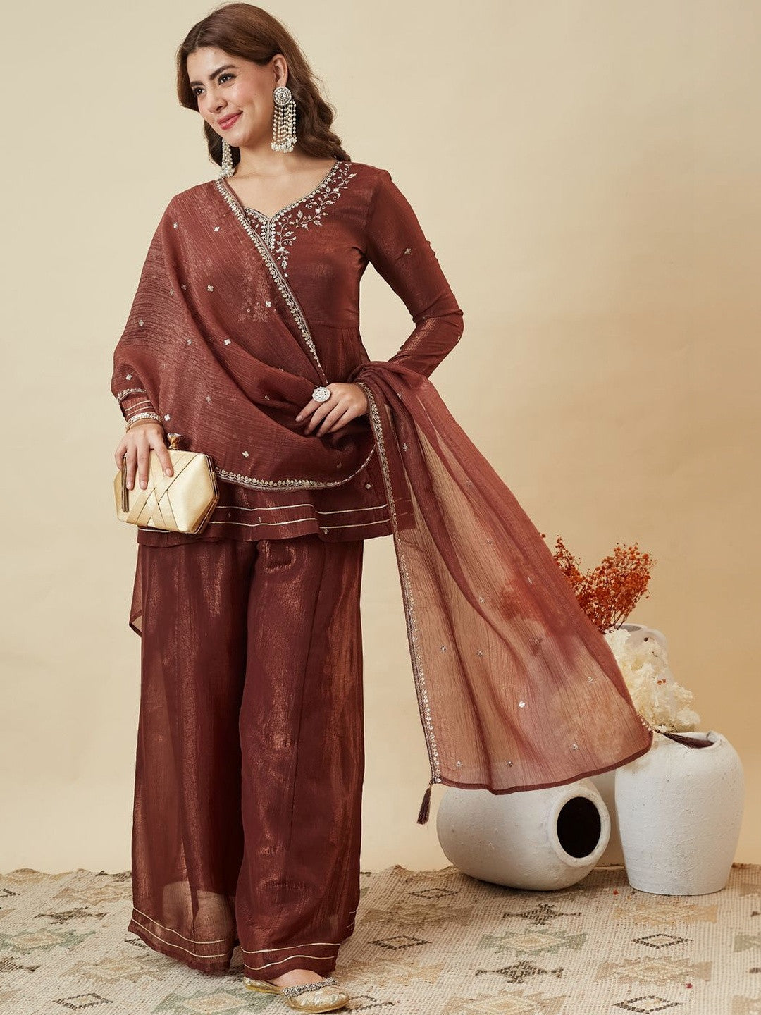 Mokosh Women Silk Embroidered Kurta and Palazzo Set With Dupatta