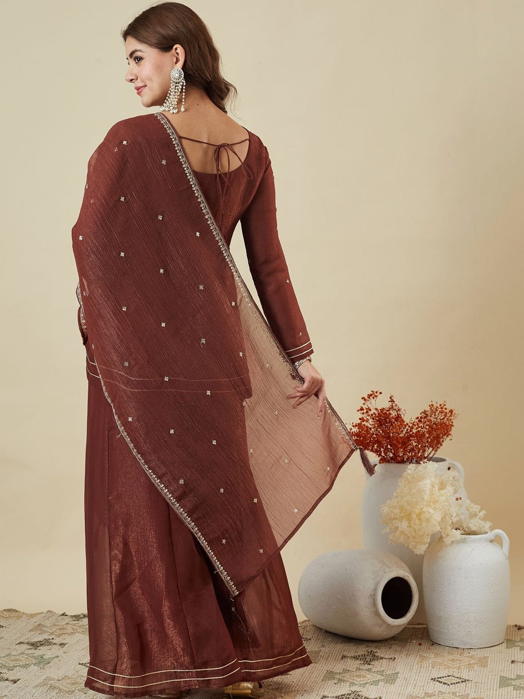 Mokosh Women Silk Embroidered Kurta and Palazzo Set With Dupatta