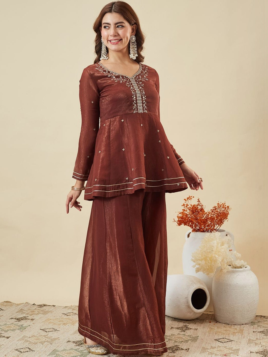 Mokosh Women Silk Embroidered Kurta and Palazzo Set With Dupatta