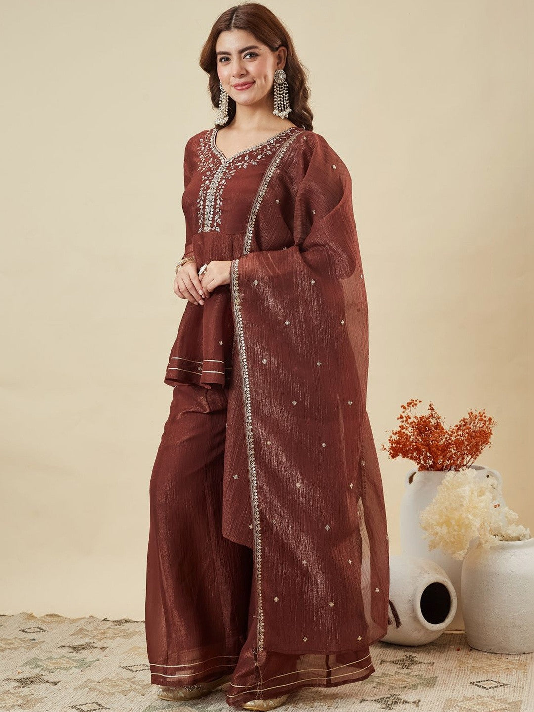 Mokosh Women Silk Embroidered Kurta and Palazzo Set With Dupatta