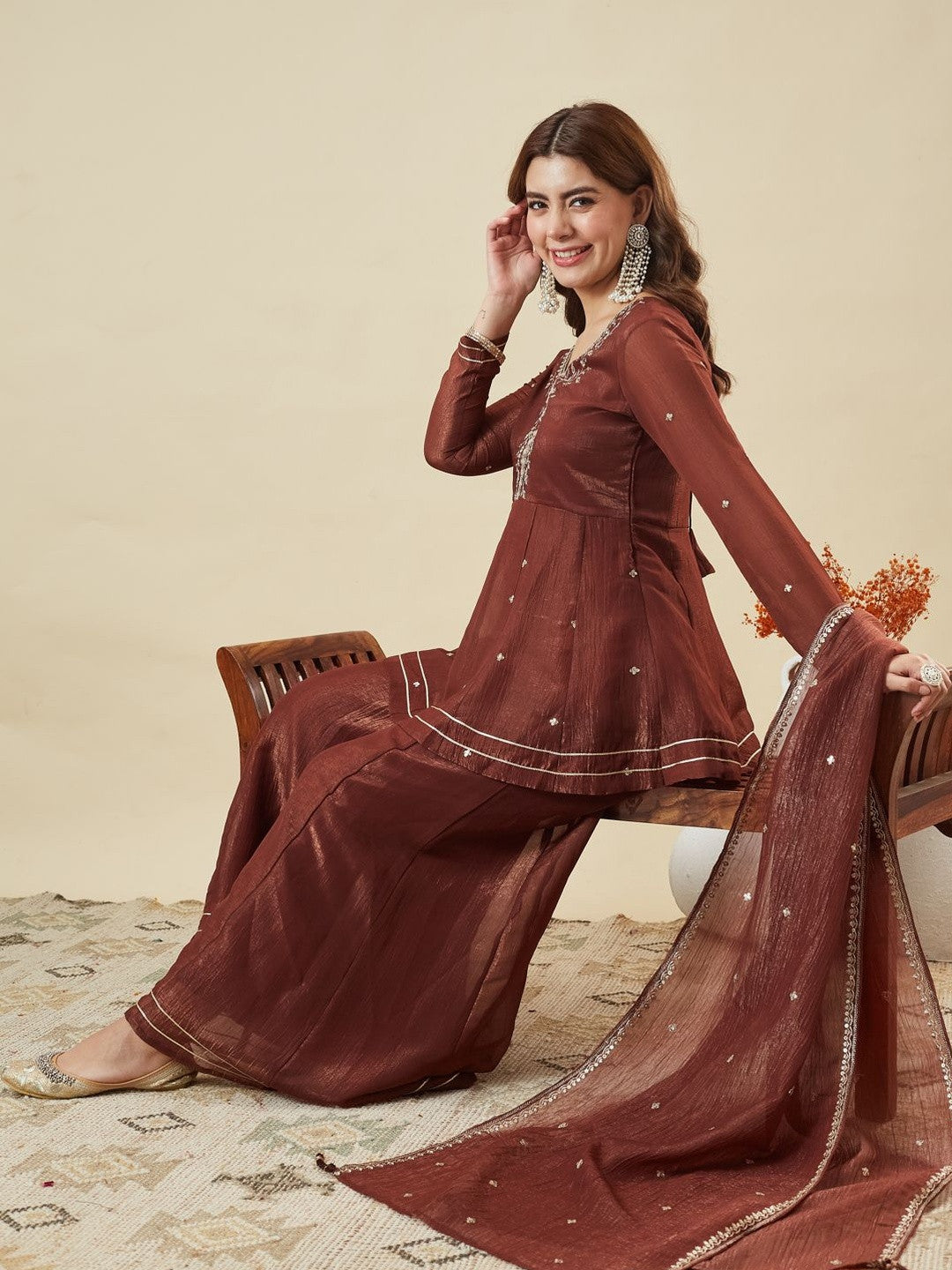 Mokosh Women Silk Embroidered Kurta and Palazzo Set With Dupatta