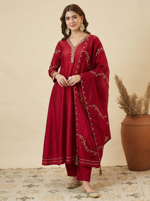 Woman Dark Red Zari Embroidered Festive Kurta, Pant and Dupatta Set
