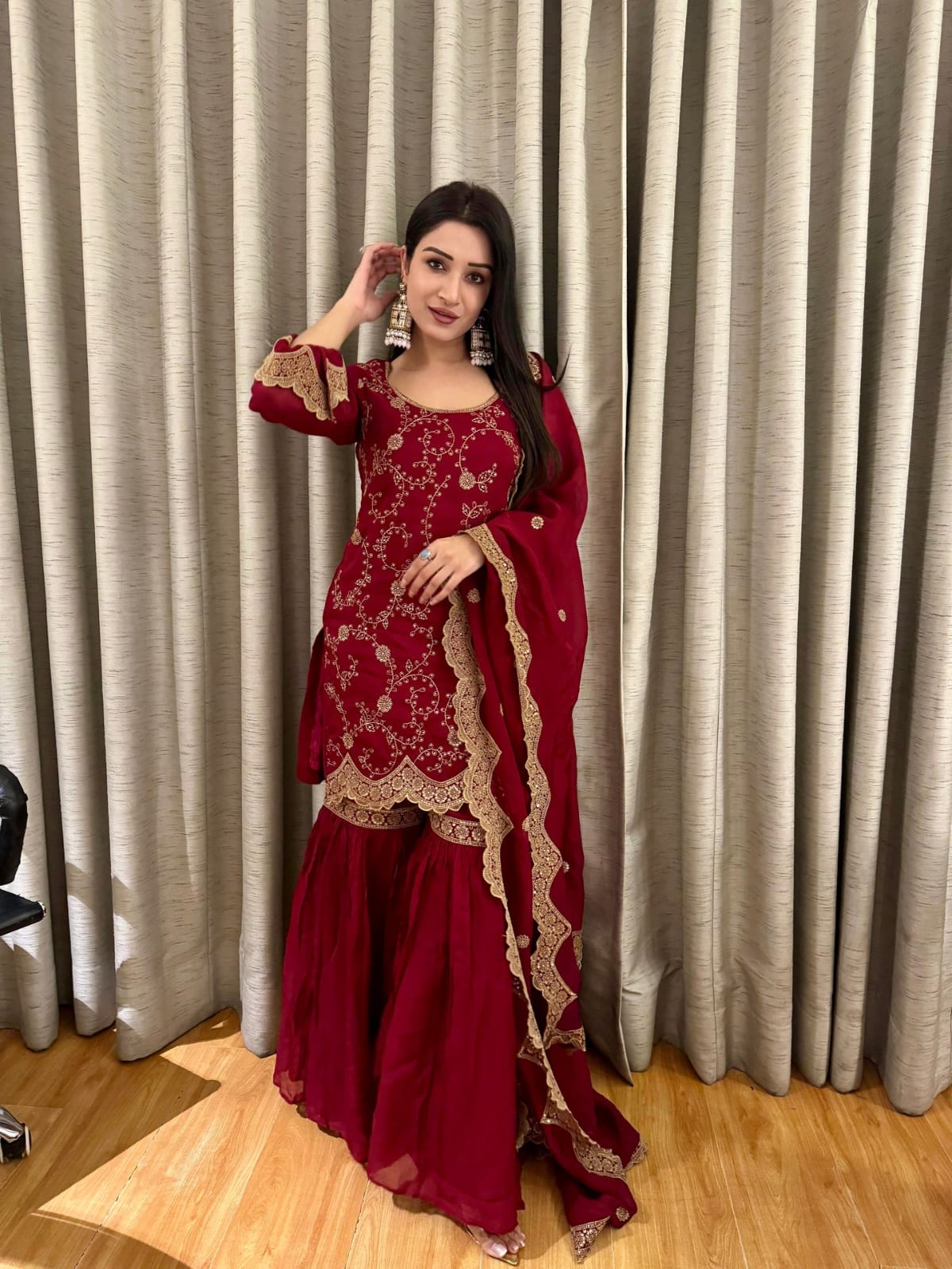 Narayani Vastra Sunehri Maroon Sharara Set