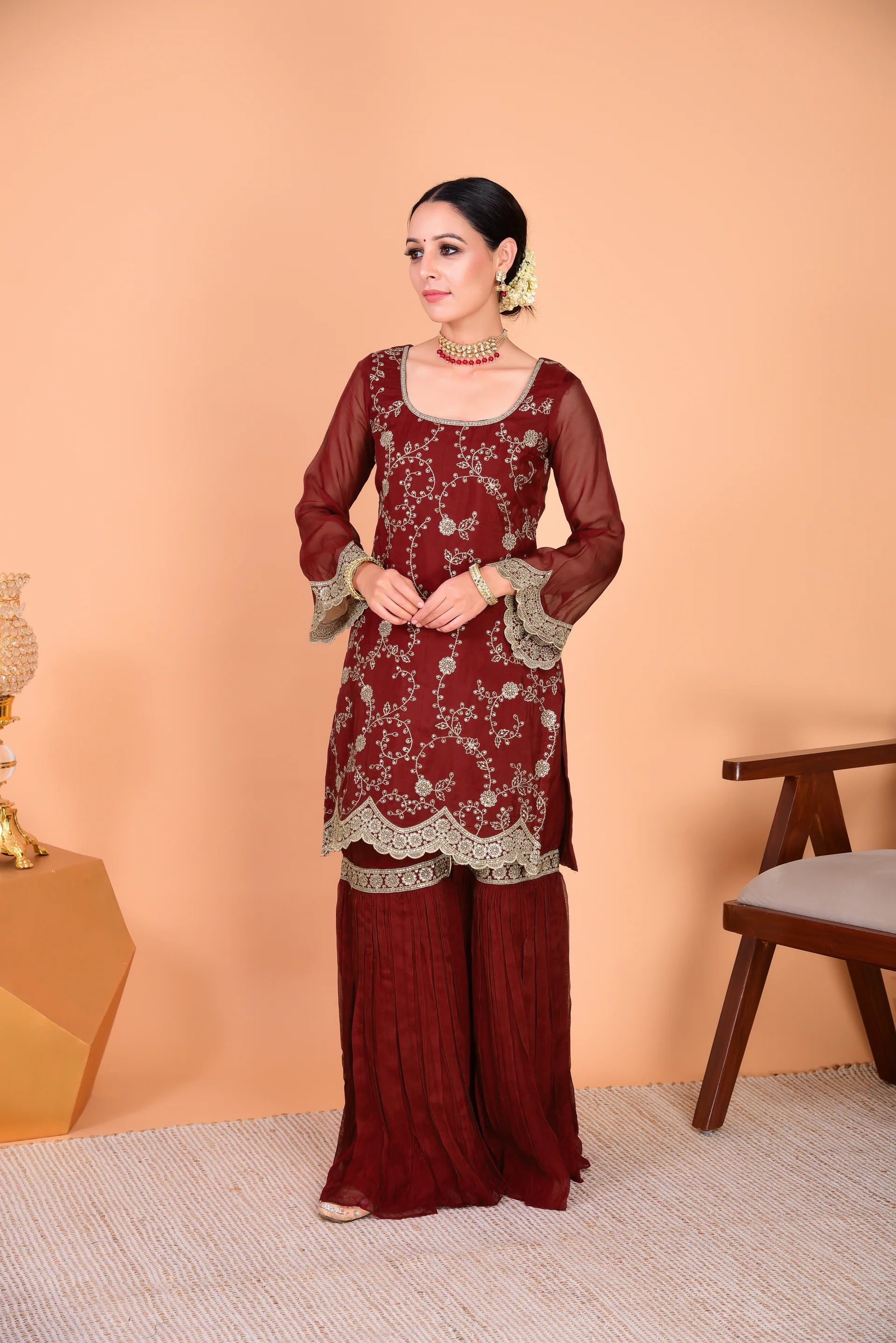 Narayani Vastra Sunehri Maroon Sharara Set