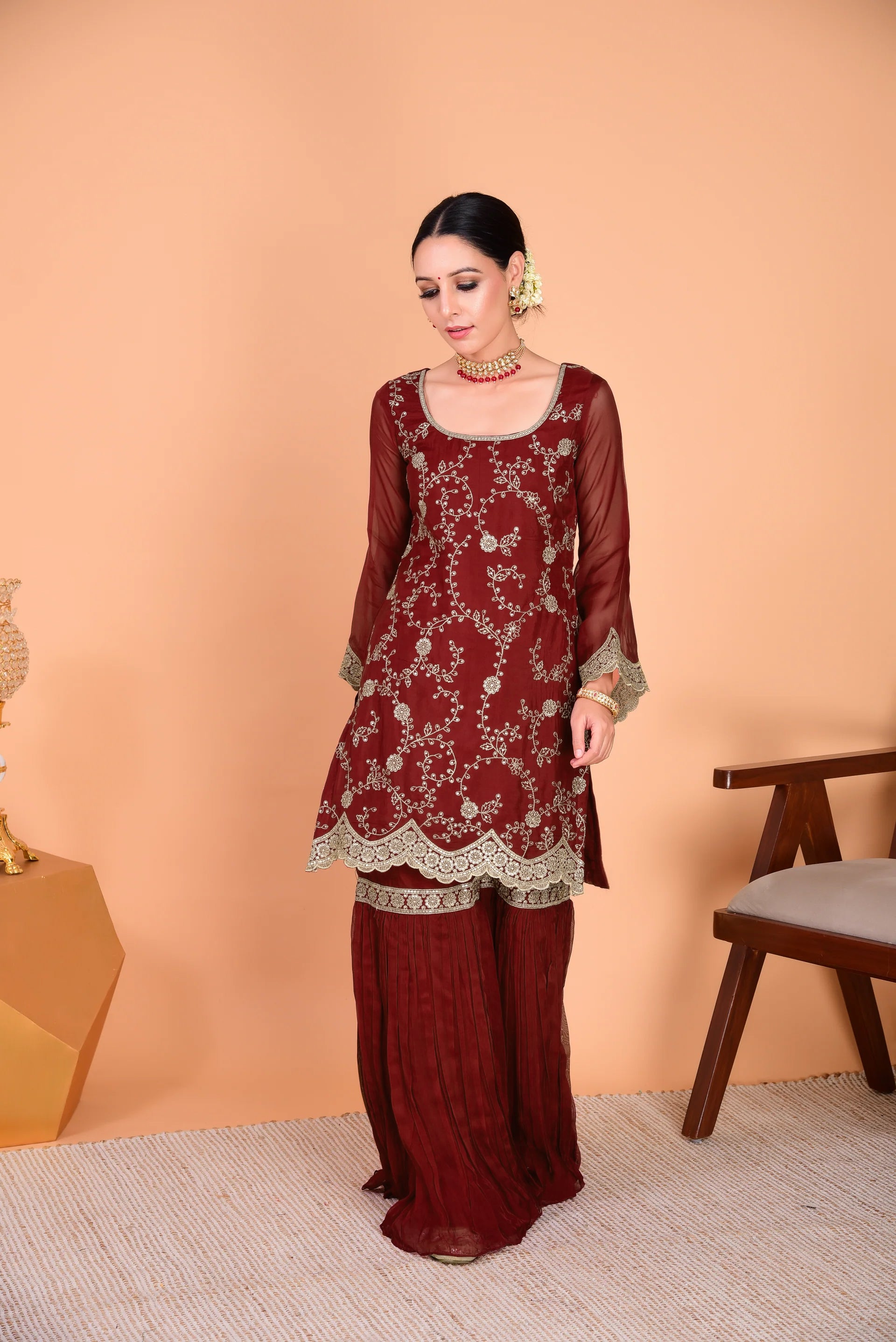 Narayani Vastra Sunehri Maroon Sharara Set