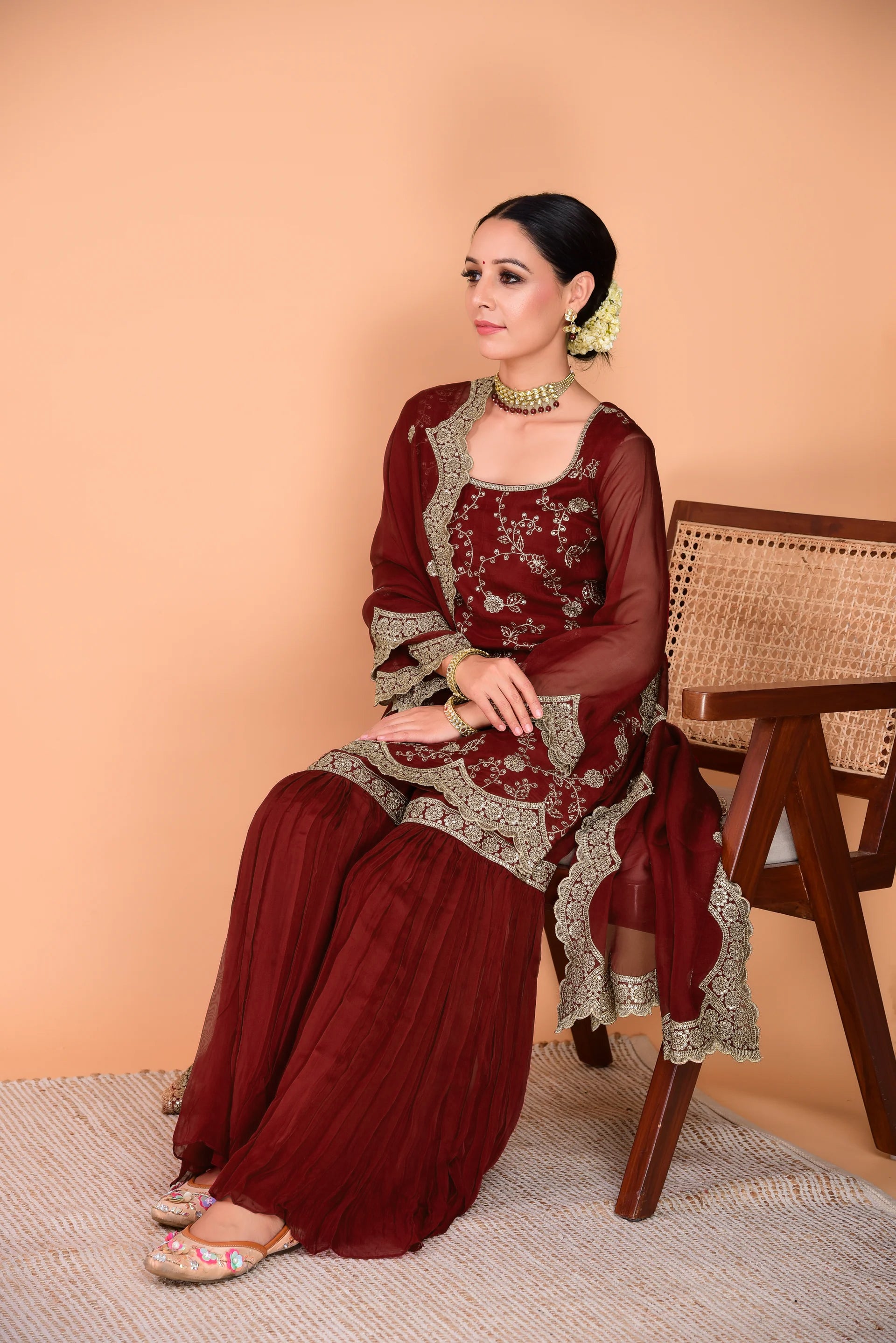 Narayani Vastra Sunehri Maroon Sharara Set