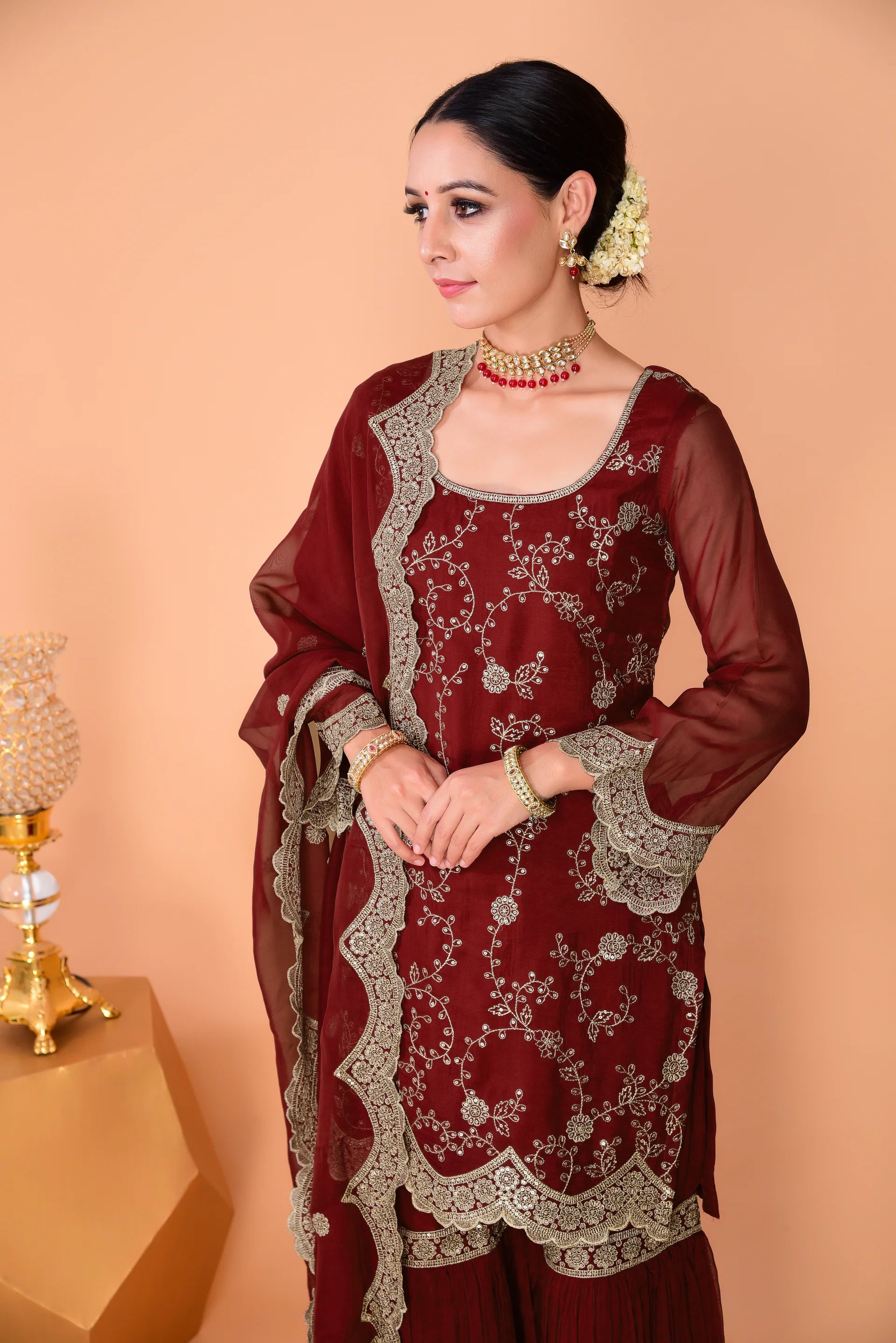 Narayani Vastra Sunehri Maroon Sharara Set